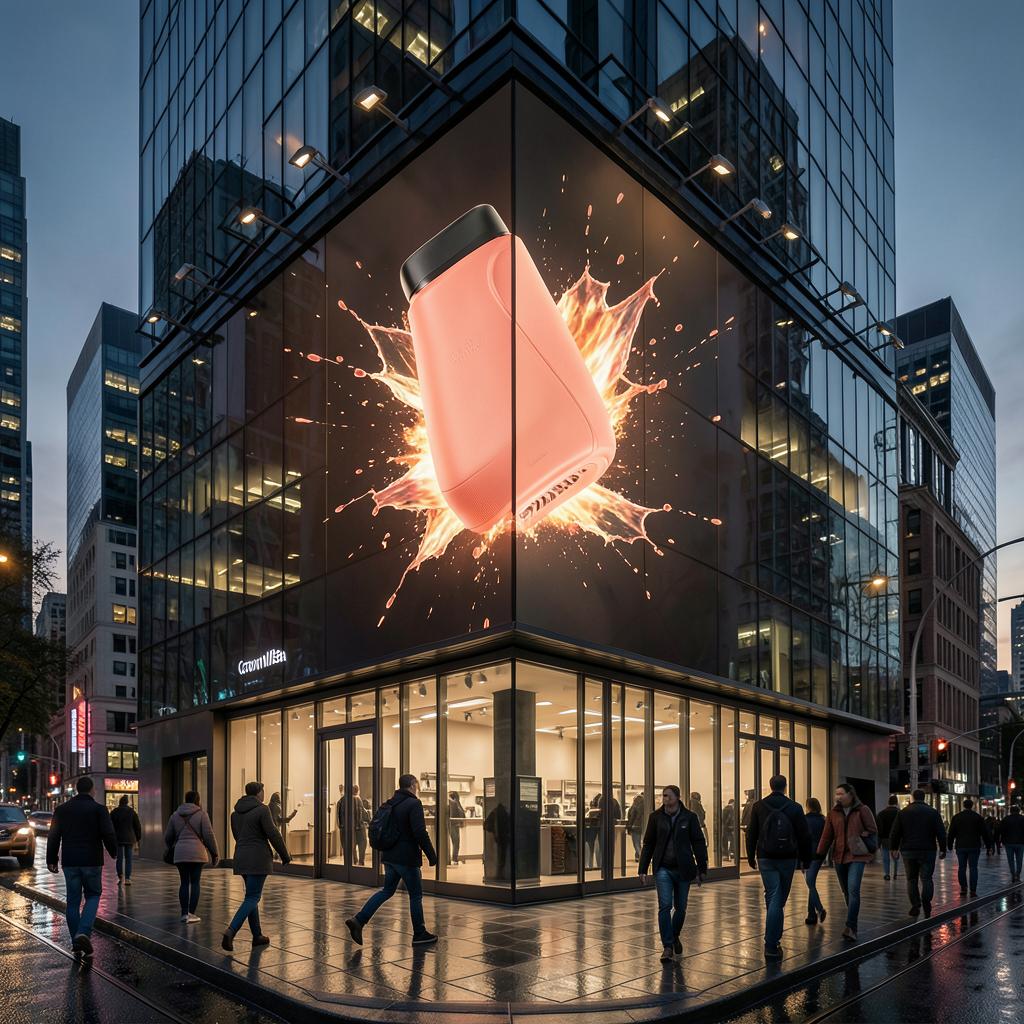 Anamorphic digital billboard displaying a coral product on a city corner